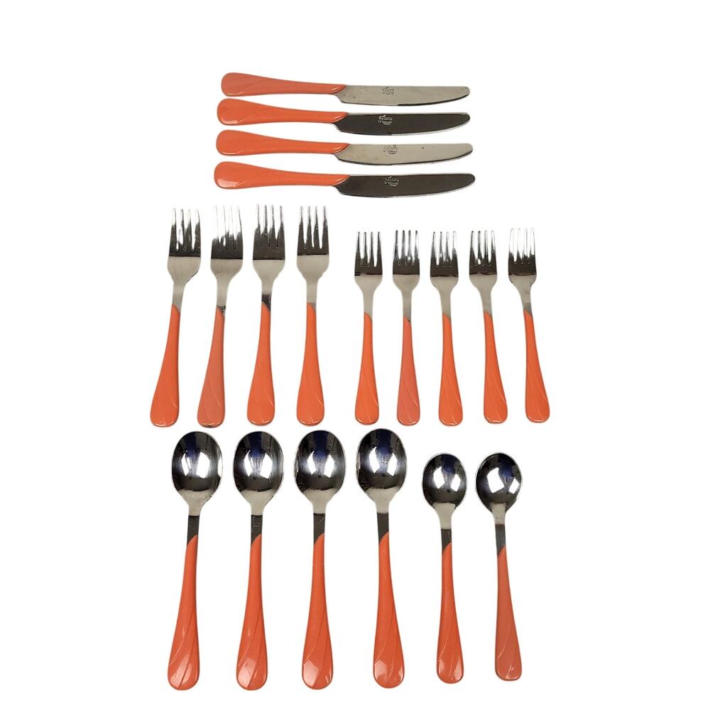 Vintage 90s Fiesta Swirl Flatware Silverware 19 Piece Set Stainless Orange